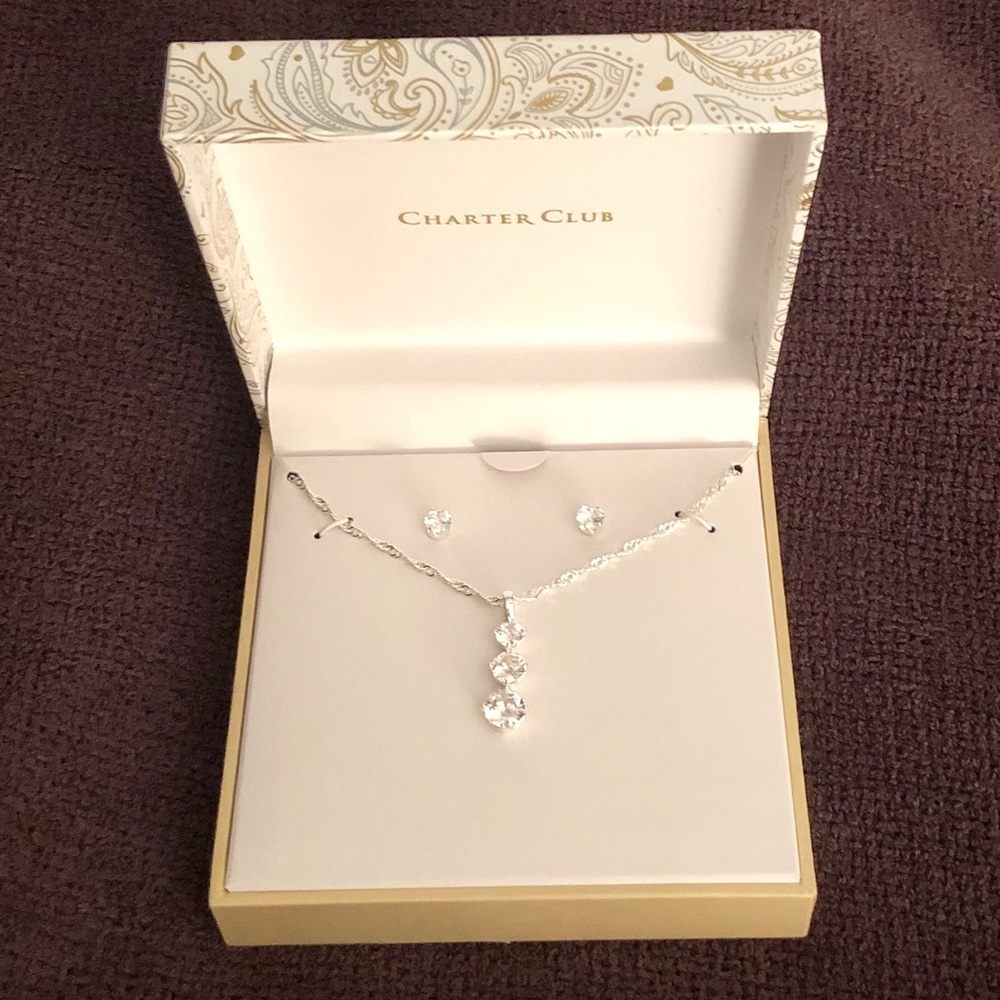 Triple Crystal Pendant Necklace and Stud Earrings